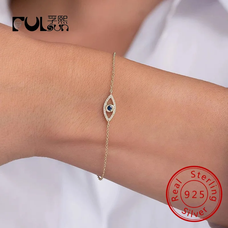 

Wholesale Jewelry 925 Sterling Silver 14K Gold Plated Simple Blue Cz Zircon Evils Eye Bracelet