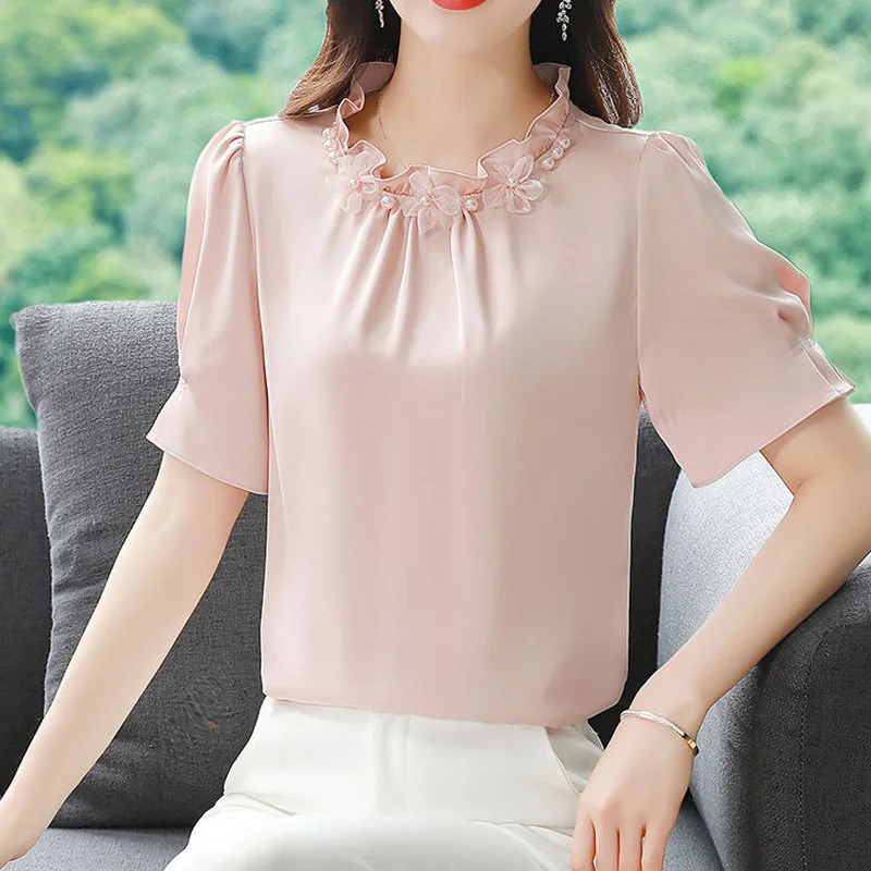 Temperament Plus Size Blouse Summer New Short Sleeve O-neck Solid Color Loose Office Shirt Tops Elegant Vintage Women Clothing