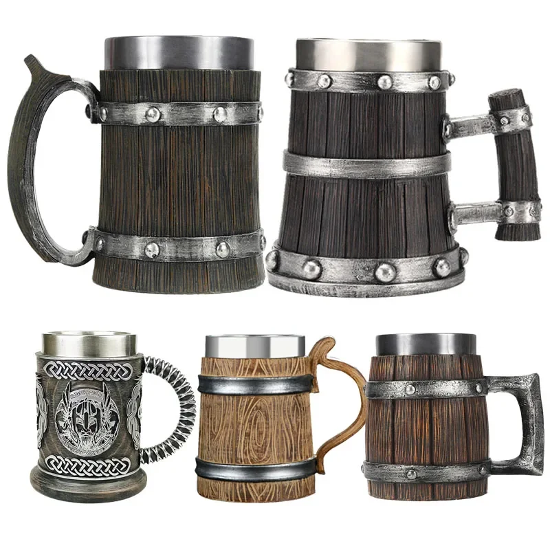 

Imitation Wood Vintage Bar Draft Beer Mug New German Bucket Beer Mug Coffee Cup Creative Vintage Stainless Steel Tea Cup