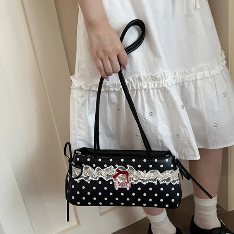 Retro Polka Dot Shoulder Bag Bow And Lace Trim Decor Cute Handbag Korean Style Fashion Versatile Underarm Bag Commuter Bag