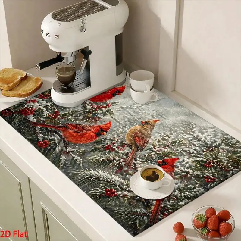 VIKAMA Winter Cardinal Bird Stove Top Cover Mat Red Bird Pine Berry Stove Burner Cover Non Slip Kitchen Decor Holiday Protector