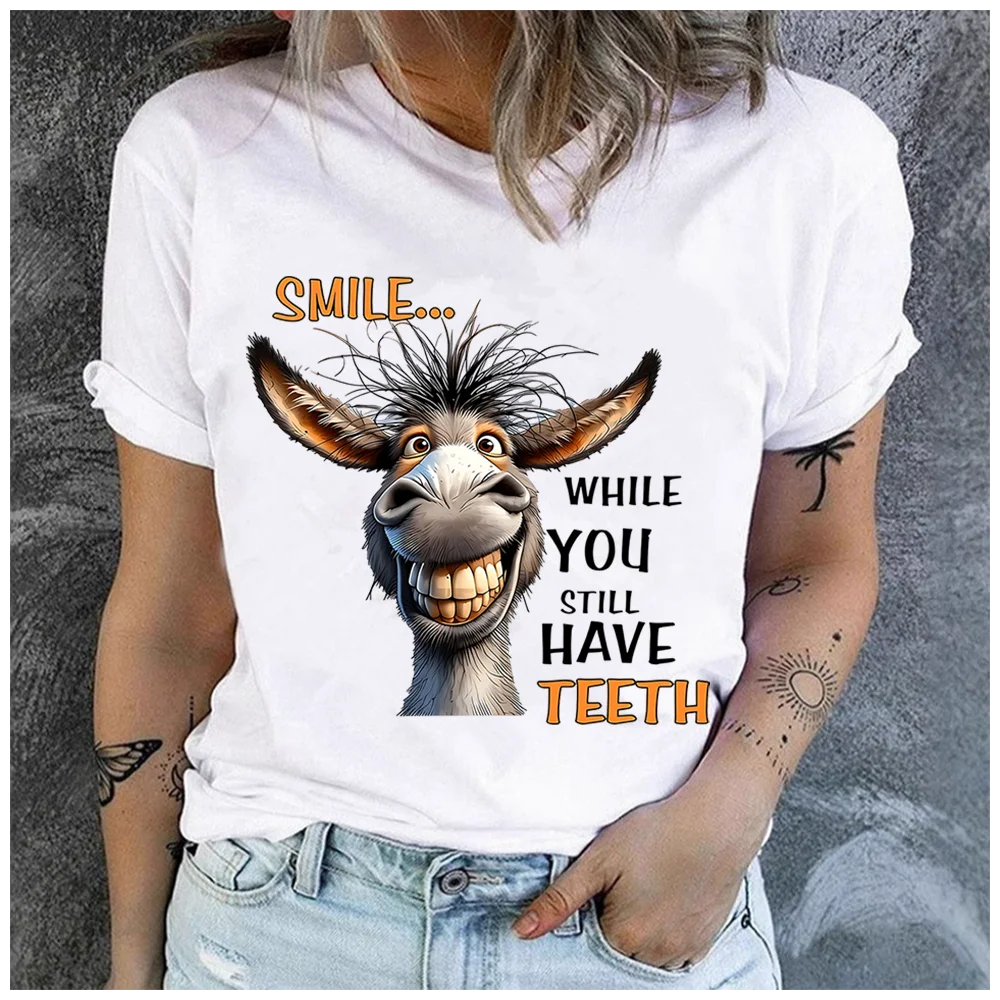 Women's Cotton 100% The Laughing Donkey Print T-shirt Loose round Neck Casual Short Sleeve Fashion Top  Clothing Summer