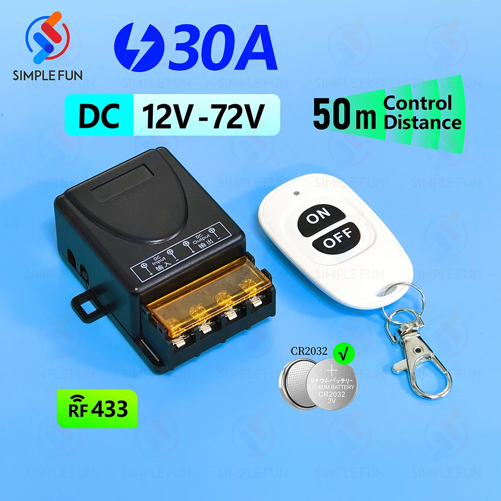 

433Mhz DC 12V 24V 36V 48V 72V 30A High Power Relay Wireless Remote Control Switch,ON OFF Transmitter,for Ceiling Lamp Pump Fan