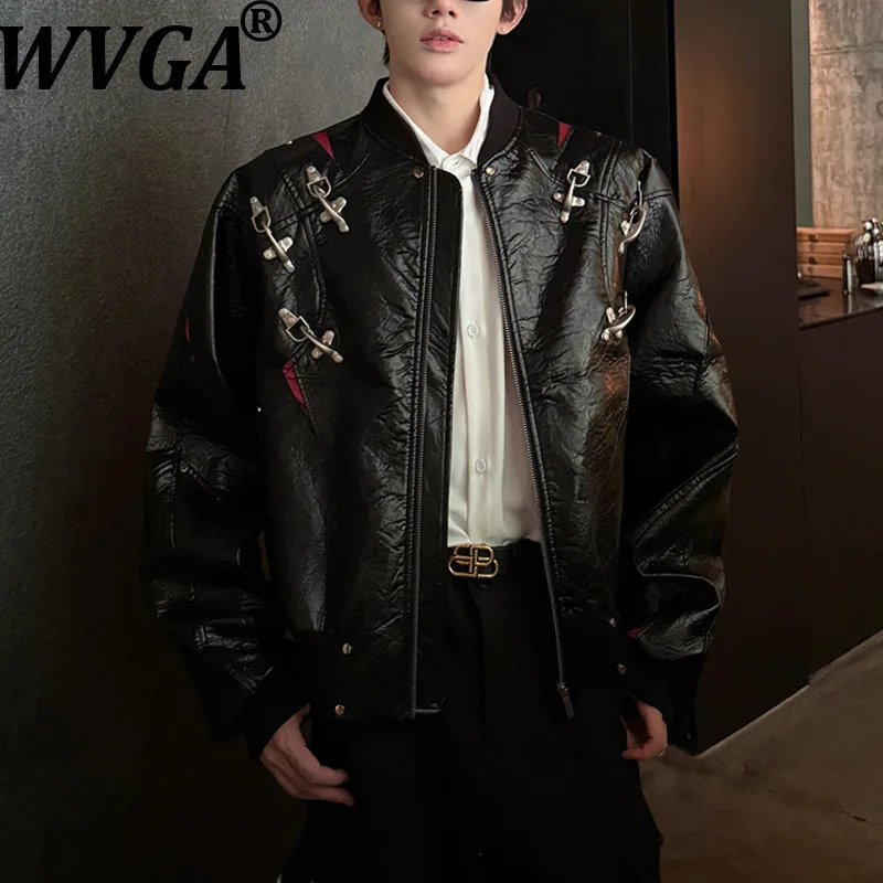

WVGAautumn Winter New Men Tide Color Block Metal Airplane Buckle Trendy Stand Collar Short Jacket Niche Chic Casual Coats W16227