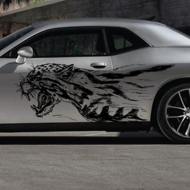 

DS/PS - Fits Challenger Charger Growling Fast Cheetah Tattoo Grunge Design Tribal Door Bed Side Truck Car Vinyl Graphic Decal