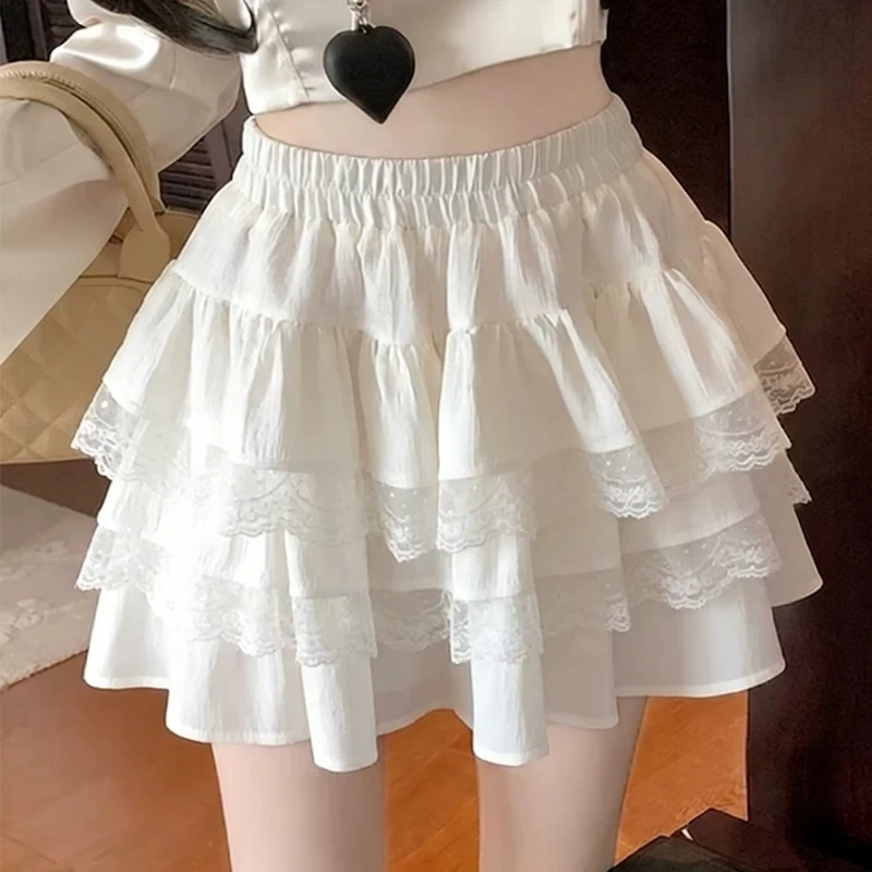 Women's High Waist Lace Tutu Cake Skirt Multi-Layer Pleated Elastic Waistband with Lining Korean Sweet Style Party Daily S-XL