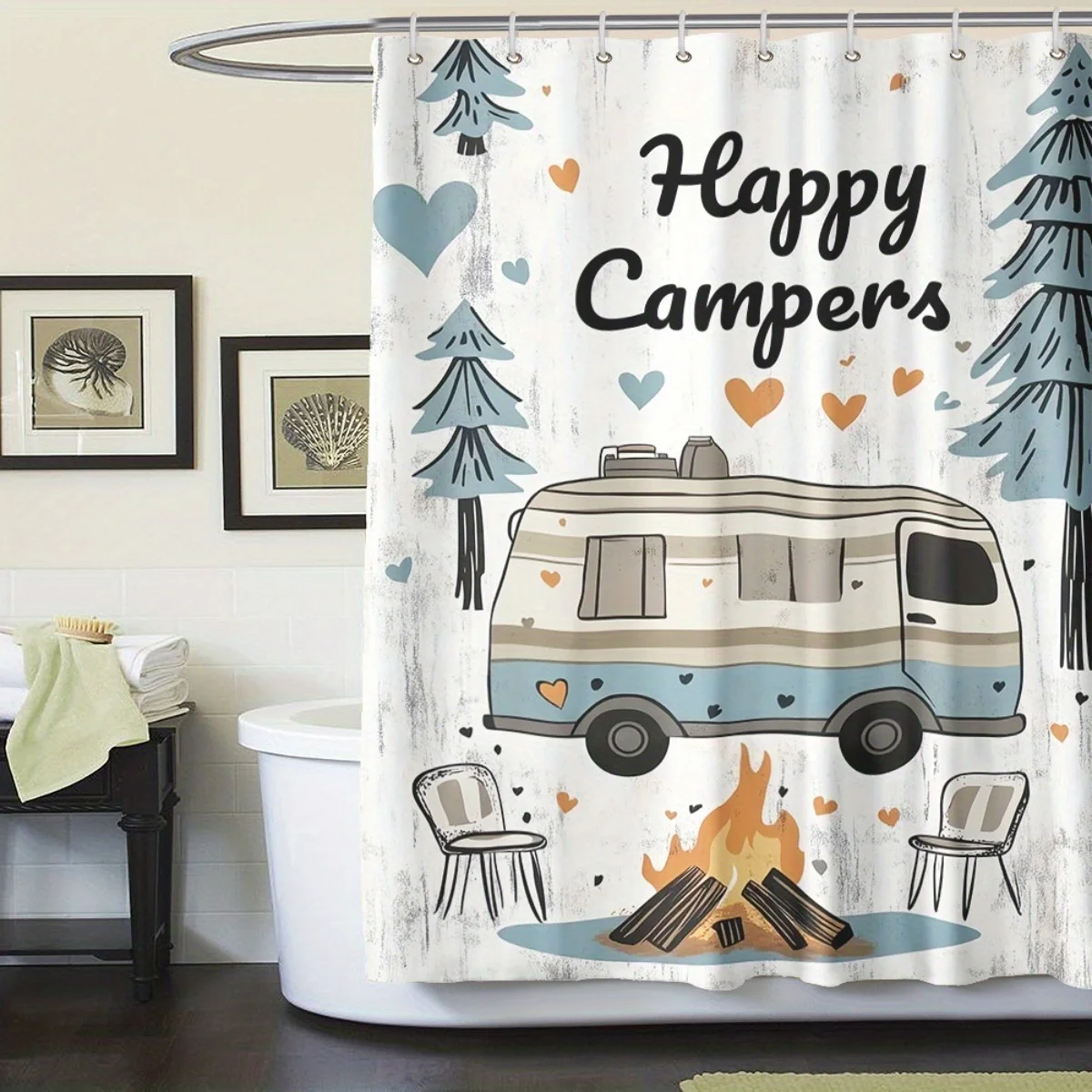 happy campers shower curtain with camper van fire pit pine trees rustic vintage style bathroom decor with hooks easy to care for