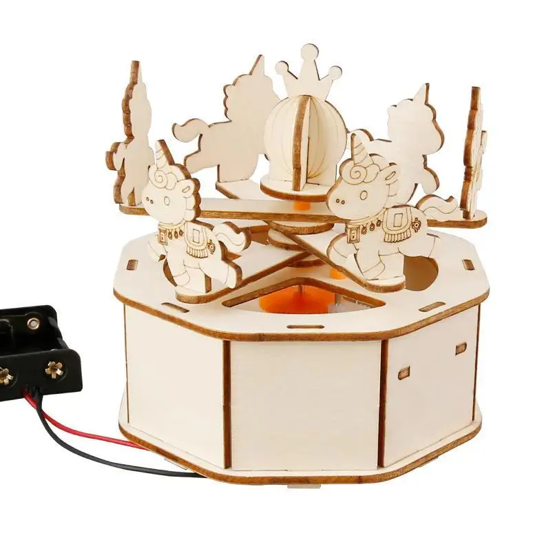 New Wooden Carousel DIY STEM Building Kit Simple Assembly Cute Model For Kids Science Projects Home School Play