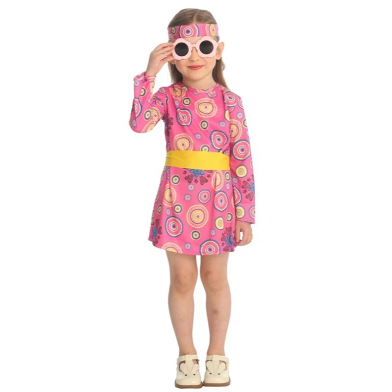 

Новое поступление 2023 года, шикарный костюм хиппи в стиле бохо 1970-х годов для малышей, розовый костюм в стиле фанк Go Go для девочек, костюм на Хэллоуин