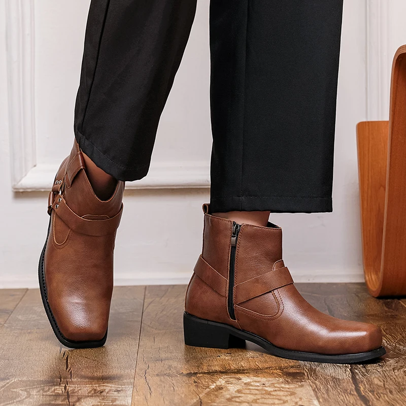 شتاء جديد الرجال عالية الجودة الأحذية الجلدية بني داكن الجانب سستة الرجال عادية مريحة ساحة الأصابع حذاء من الجلد الأحذية الاجتماعية الرجال #1