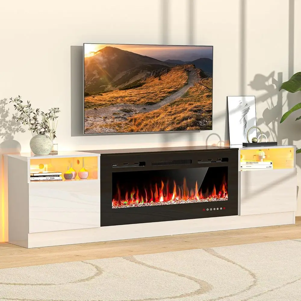 White 80 LED Fireplace TV Stand with Storage, 36 Insert, Media Console for Living Room