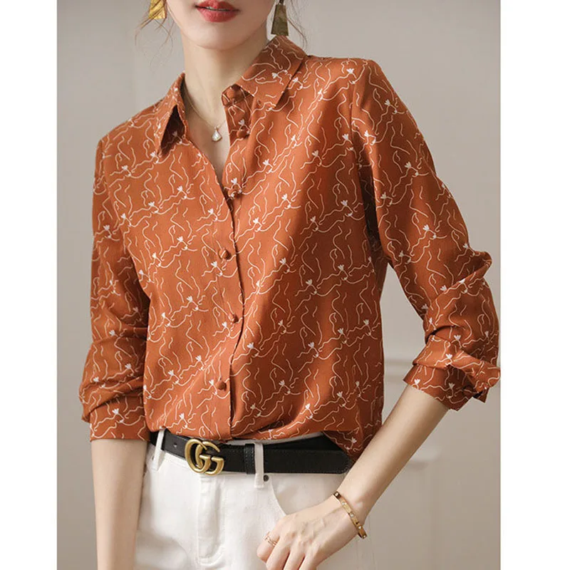 Vintage Printed Lapel Button Loose All-match Shirt Women\'s Clothing 2022 Autumn New Casual Tops Long Sleeve Office Lady Blouse