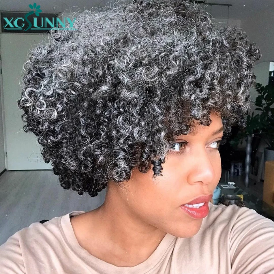 Peluca rizada Afro con flequillo para mujeres negras, cabello humano gris, corto, Bob, resaltado, 200 de densidad