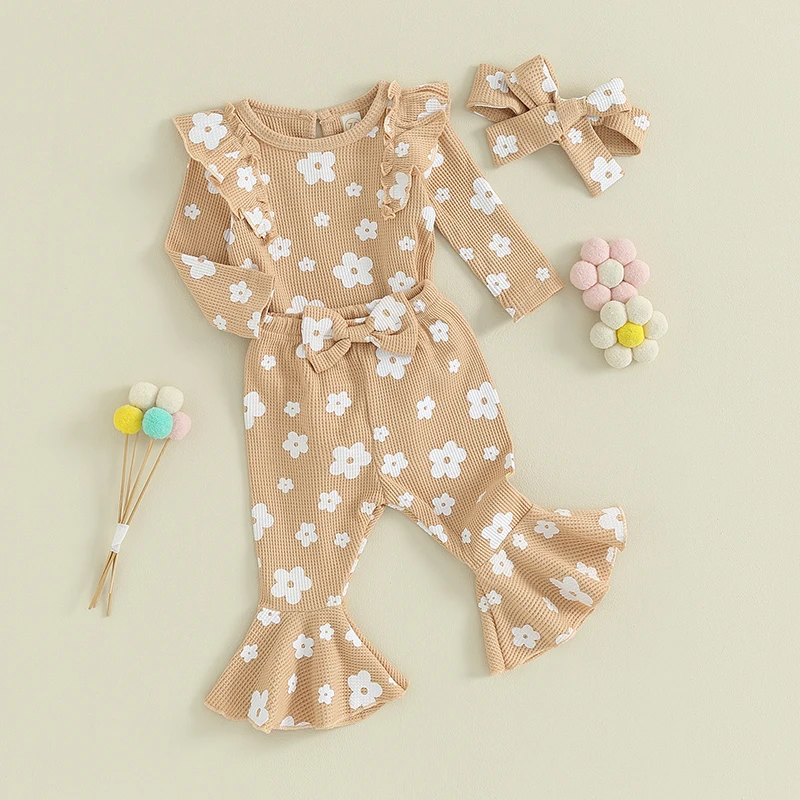 

Newborn Baby Girl Fall Clothes Waffle Floral Print Long Sleeve Romper Flared Pants with Headband 3Pcs Outfit Set