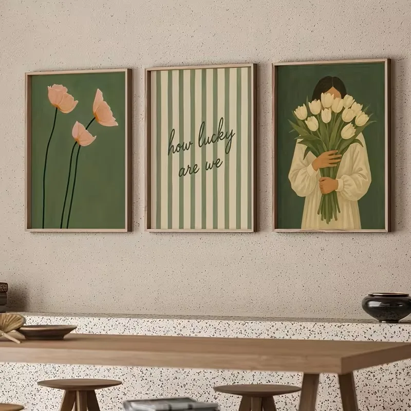 3pcs Romantic Love Motto Poster Retro Green Striped Floral Bohemian-style Living Room Bedroom Kitchen Home Decoration Canvas Art