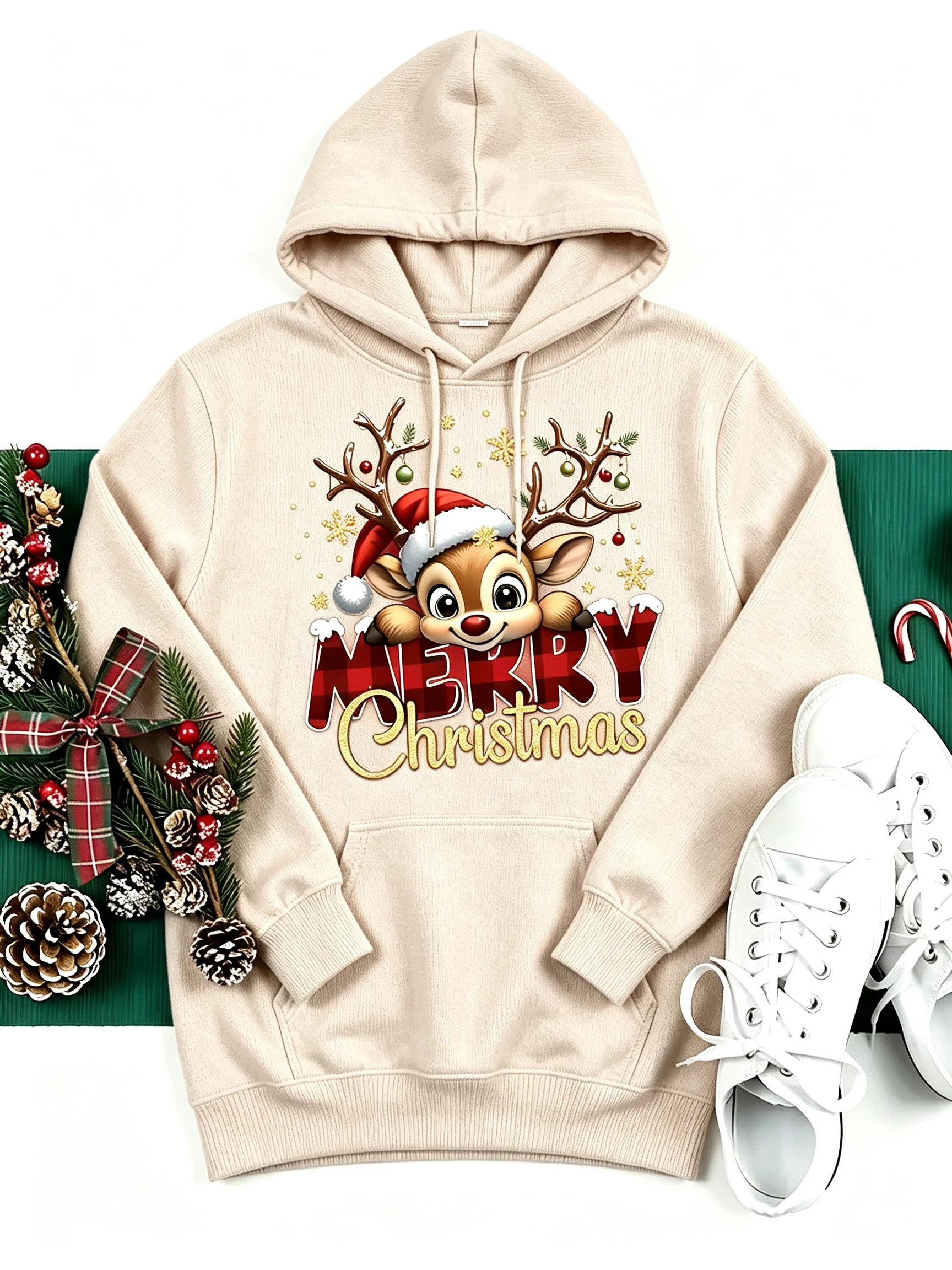 Lady's holiday deer-pattern Christmas-themed hoodie long-sleeved casual original street style short-sleeved fashionable clothing