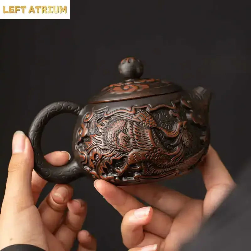 Jianshui Purple Pottery Dragon Carving Teapot Hand Painted Antique Relief Teapot Household Teapot Kungfu Tea Set Kettle