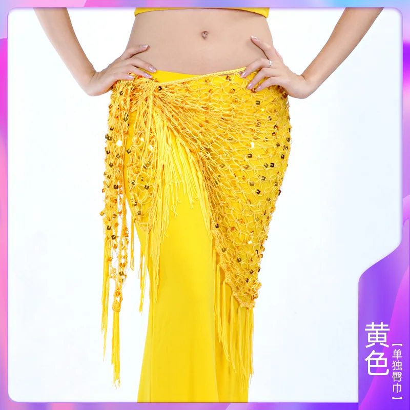 Belly Dance Practice Clothes Accessories Long Tassel Triangle Belt Hand Crochet Belly Dance Hip Scarf Sequin