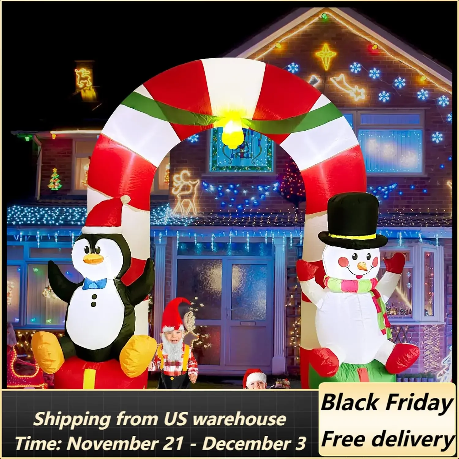 8FT Christmas Inflatables Arch with Penguin, Snowman and Gift Box Outdoor Decorations Outdoor, Blow Up Archway with Gift Box LED