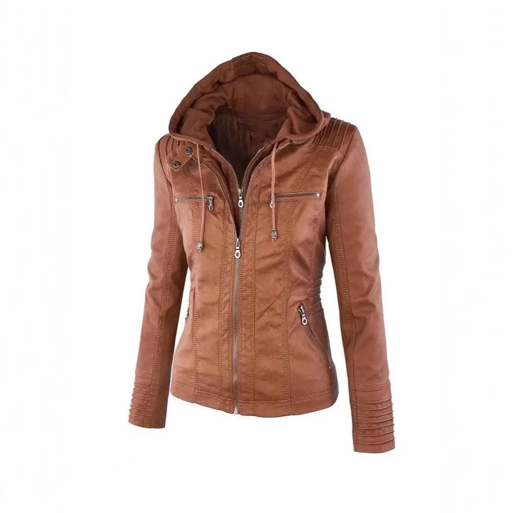 Fashionable Zipper Pure Color Short Jacket Women's Large Size Collar Flip Leather Coat Wish Stylish Workwear Style Spring Out...
