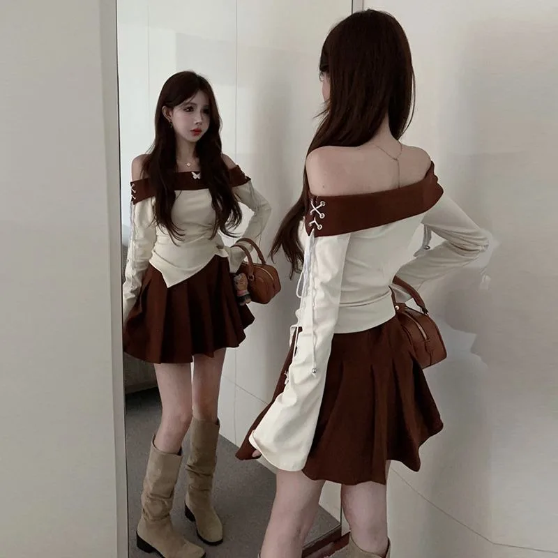 Sweet Slash Neck Top gonna a pieghe Set di due pezzi donna Fashion Spicy Girl coulisse clavicola coreano Solid Slim Spring Suit