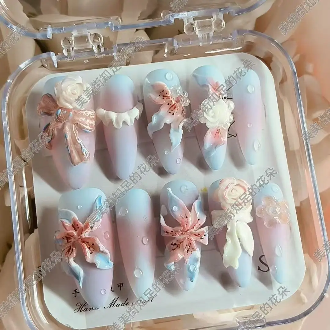 Original Handmade Ice Blue Lily Girl Manicure Wearing Three-dimensional Ice Flower Pink Explosion Nail Spice Girl Round