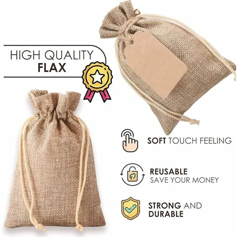 21/51pcs Linen Bundle Pocket,Reusable Wedding Party Gift Bag,Festival Jewelry Bag,DIY Linen Bag Set,with Drawstring and Label.