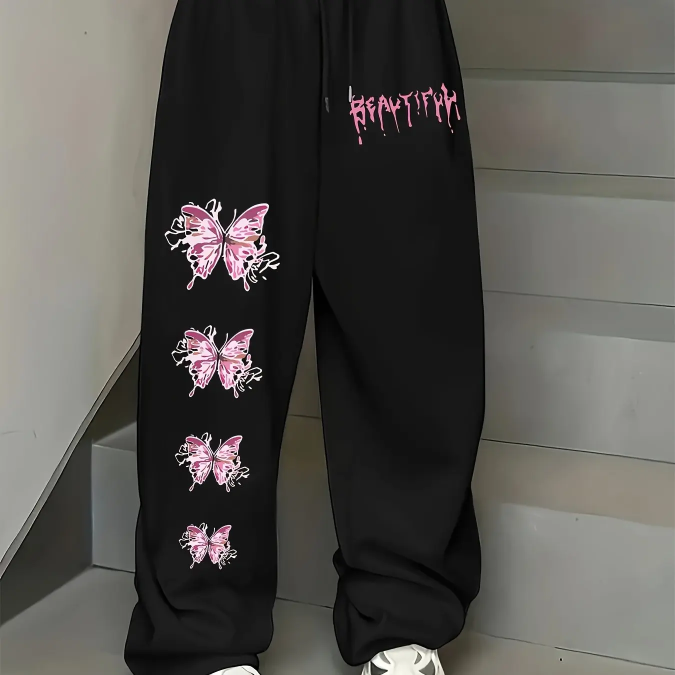 New Women's Plus Size Butterfly Print Pants Fleece Elastic Waist Straight Leg Sweatpants Fashionable and Versatile