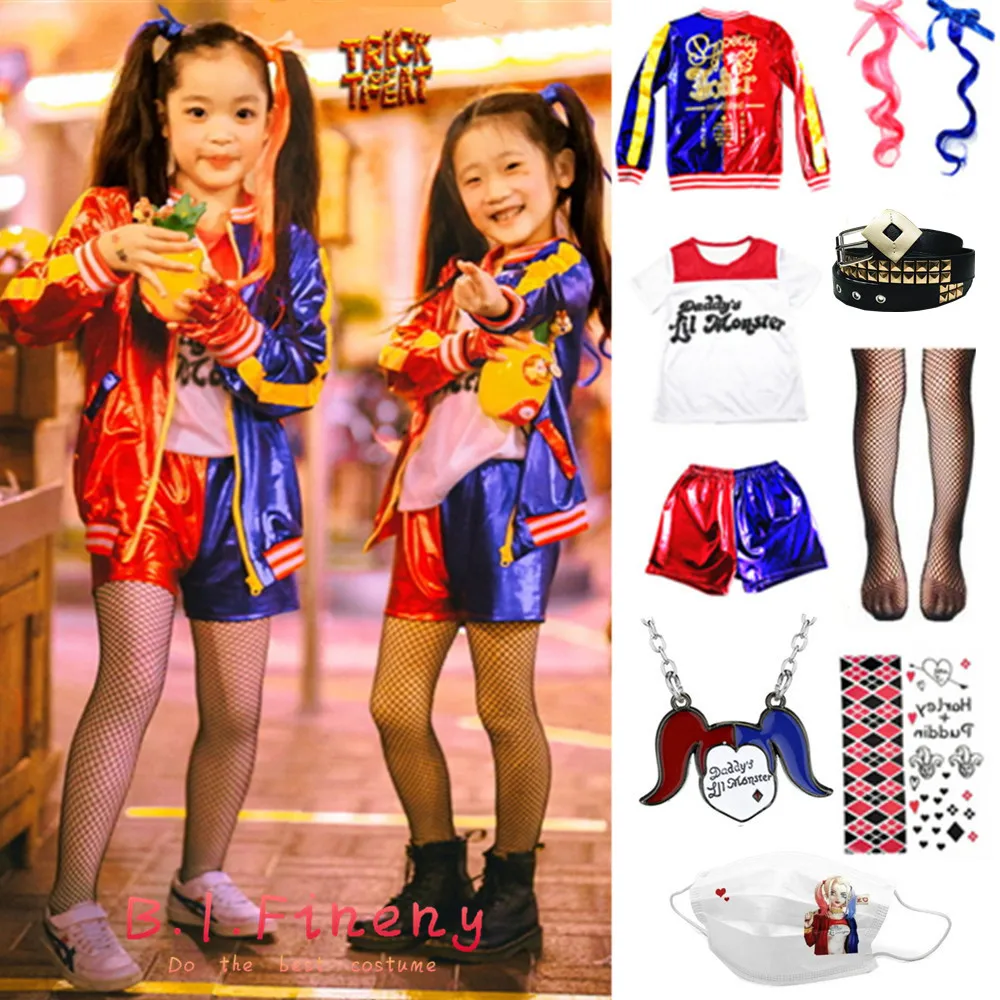 Children харли квинн Cosplay Costumes Harleen Quinzel Kids Girls Jacket Wig Baseball Bat Clothes