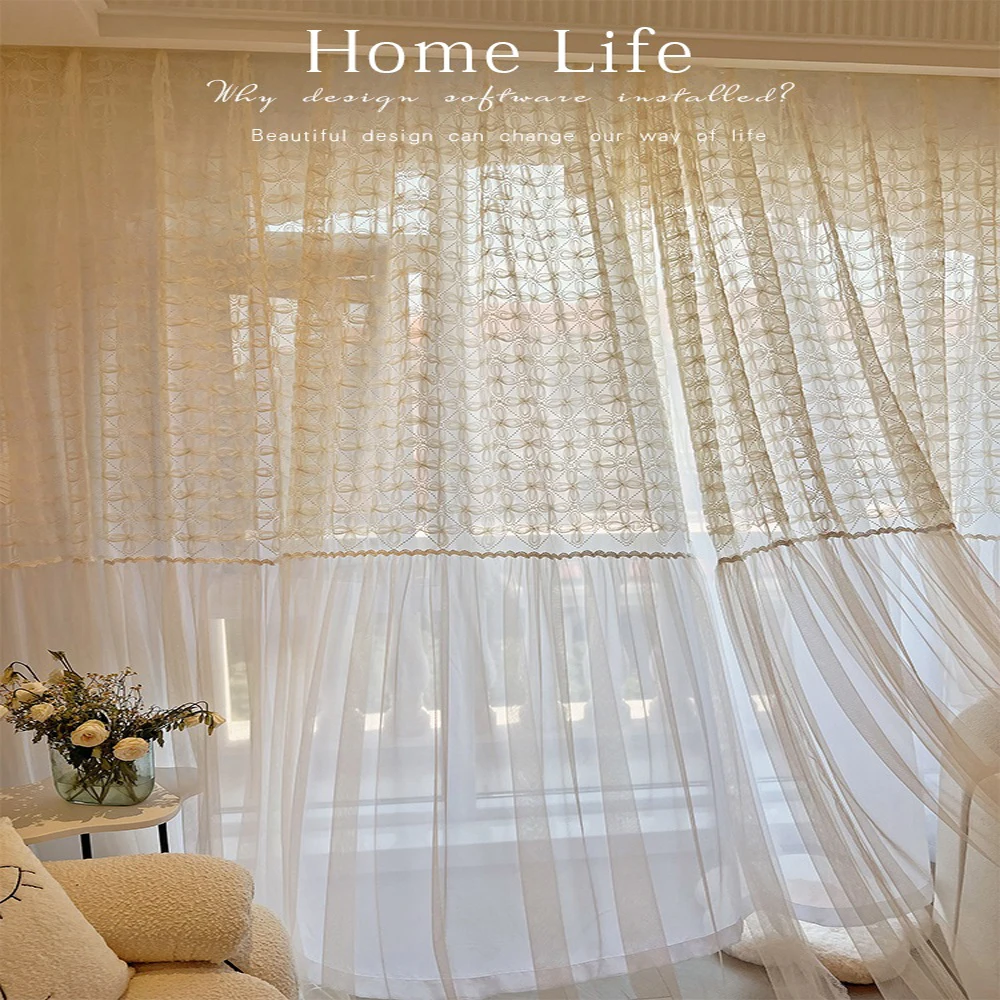 

French Retro Style Lace Gauze Curtains High-end Korean Dream Fresh Voile Curtain for Living Room Balcony Princess Window Screen