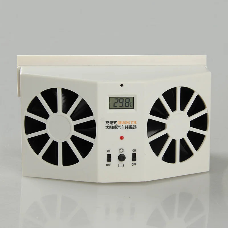 Portable Solar Powered Car Fan 2W Double Duct Radiator With Temperature Display For Truck RV Boat