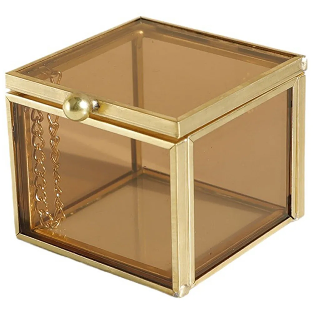

Квадратная стеклянная шкатулка для украшений в винтажном стиле с латунным декором для хранения серег, колец, ожерелий, органайзер для демонстрации, футляр для мелочей, декор для дома