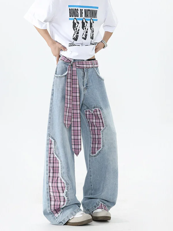 

Модные джинсы в клетку с поясом для мужчин, весна-лето, молодежные, с эффектом потертости, в стиле пэчворк, широкие брюки, повседневные, износостойкие