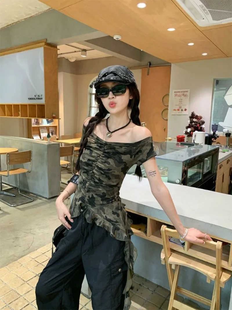 Vintage Folds Camouflage Print American T-shirts Women Irregular Edible Tree Fungus Camisetas Ruffles Slim Waist Tees Y2k Sexy