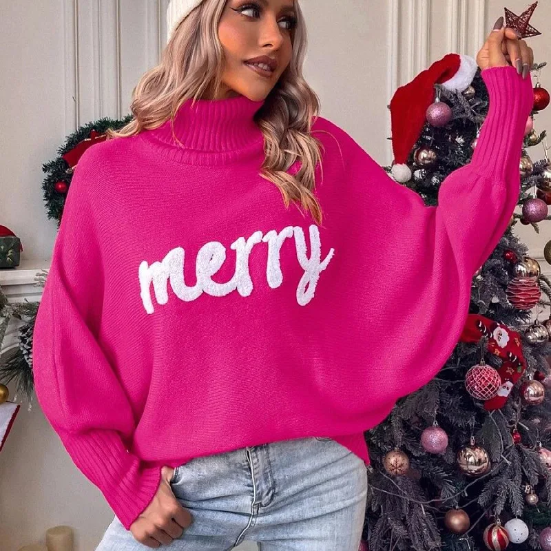 Merry Christmas Jersey Sweater Women Autumn Winter Pullover Long  Knitwear Girl 2024 Fashion Loose Bat Sleeves Knit Tops Jumper