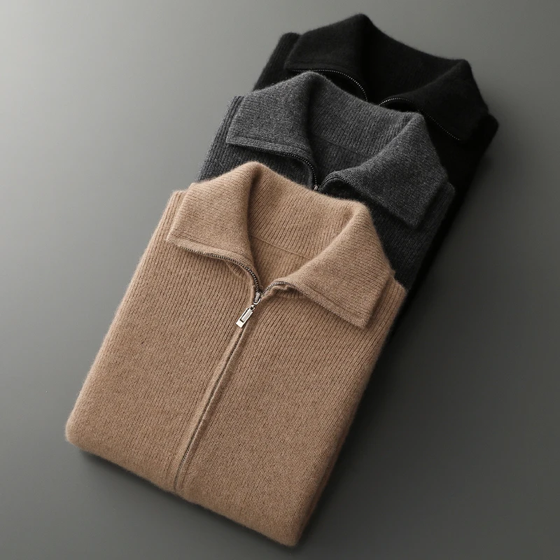100% suéter de cachemira pura con cuello POLO para hombre, jersey de punto con media cremallera, chaqueta de camisa informal gruesa para otoño e invierno 2025