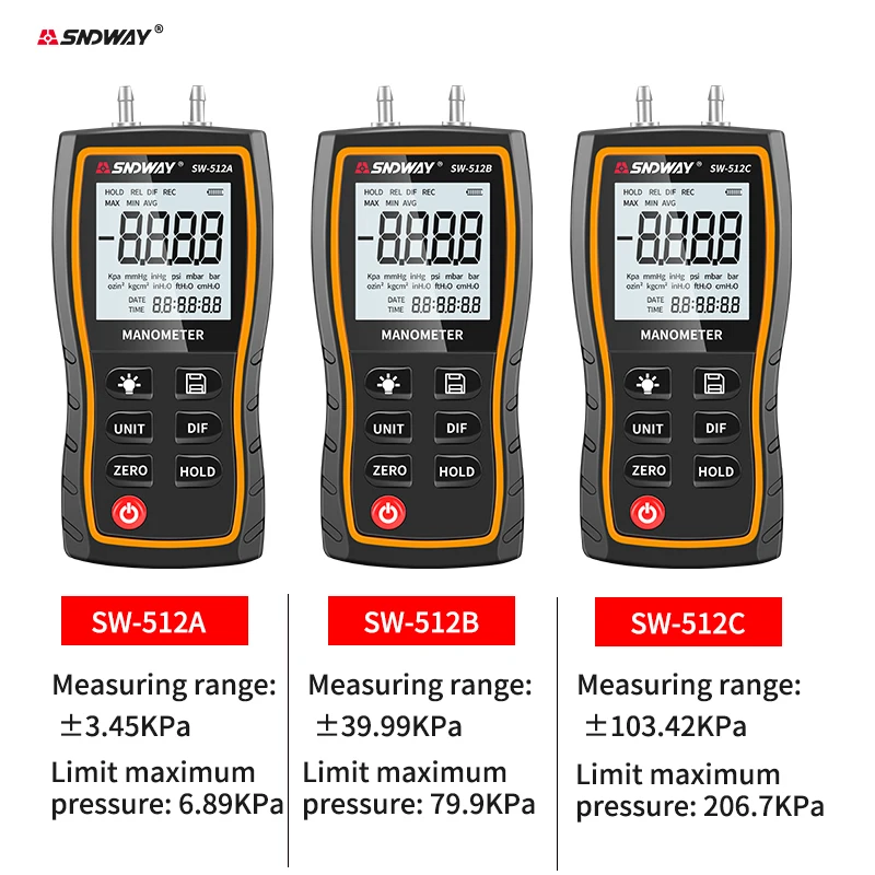 SNDWAY SW-512 serie manometro digitale manometro aria ± 103.42 KPa 0.01 risoluzione aria pressione differenziale Kit strumenti