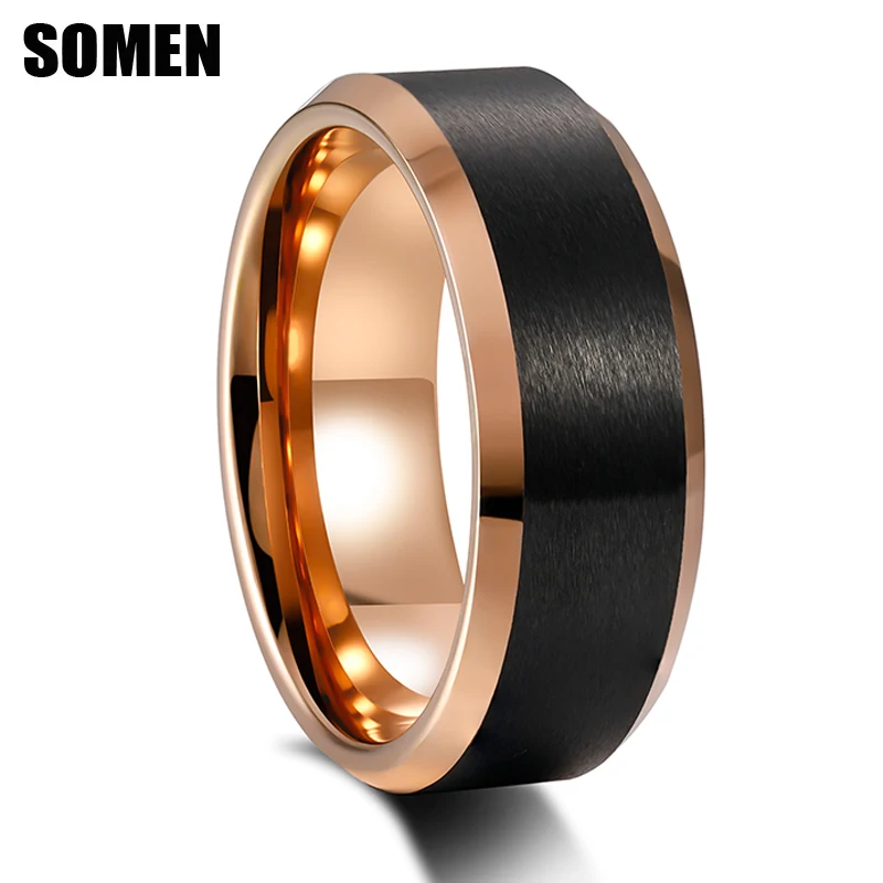 Somen 8mm Men Tungsten Carbide Ring Wedding Band Black Brushed Beveled Polished Cut Edge Rose Gold Color Inside Engagement Rings