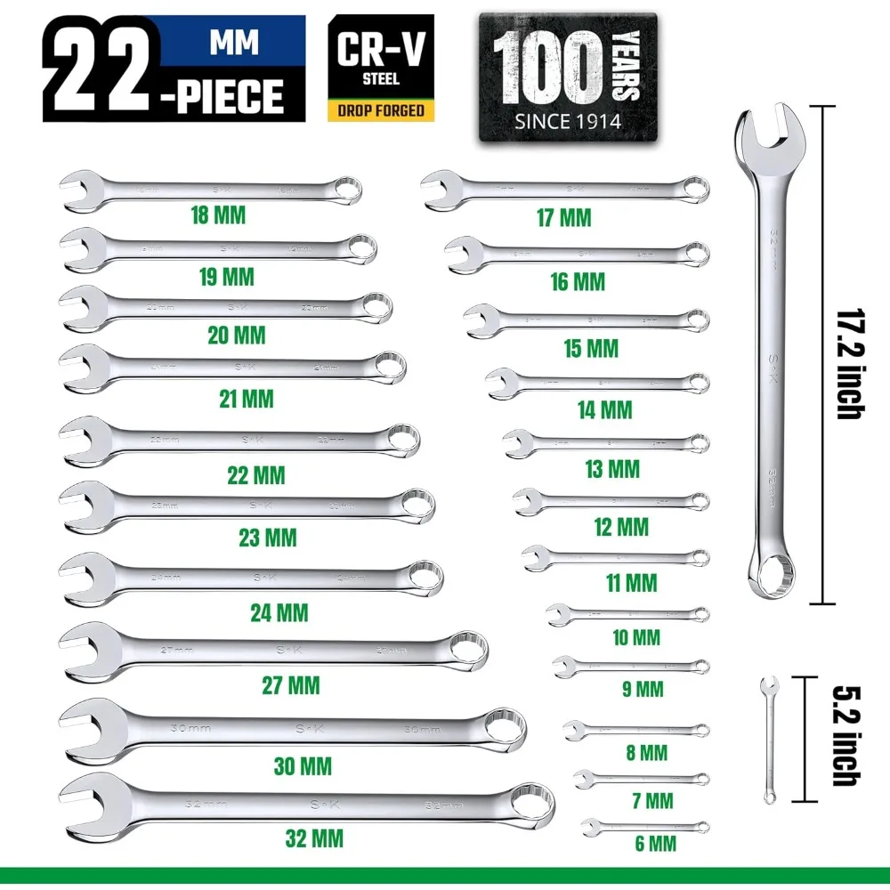 مجموعة مفاتيح ربط، متري 6 إلى 32 مم، 22 قطعة، لمسة نهائية SuperKrome، هيكل CR-V ممتاز، مع حقيبة دوارة