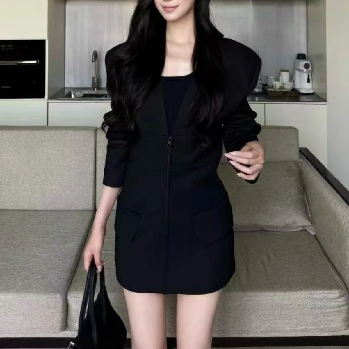 BJTZ V-neck Long Sleeve Slim Blazer Dress For Woman 2025 Spring Autumn New Designer Zipper Female Trendy Clothing