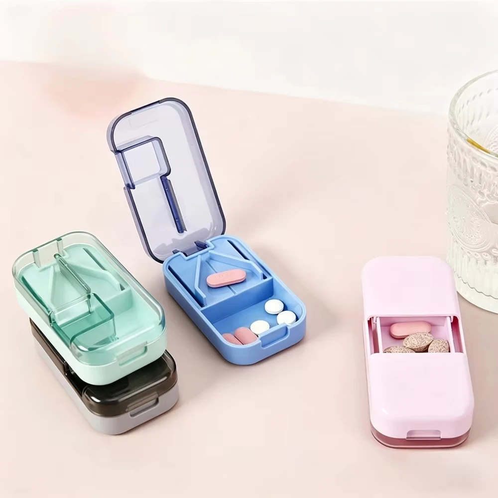 Cortador de Comprimidos 2 em 1 Compacto, Ferramenta de Corte Livre de BPA, Caixa Portátil para Remédios, Suplementos, Vitaminas e Óleo de Fígado de Ba