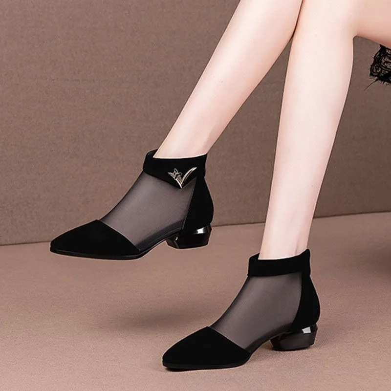 

Женские туфли на высоком каблуке, сетчатые дышащие туфли-лодочки на молнии с острым носком, модные женские модельные туфли на толстом каблуке, элегантная обувь