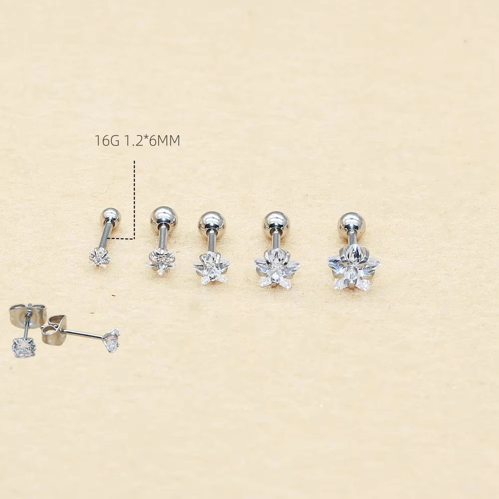 16G Stainless Steel With White Star AAA Zircons Stud Earrings Delicate Brief Style IP Plating No Fade Allergy Free