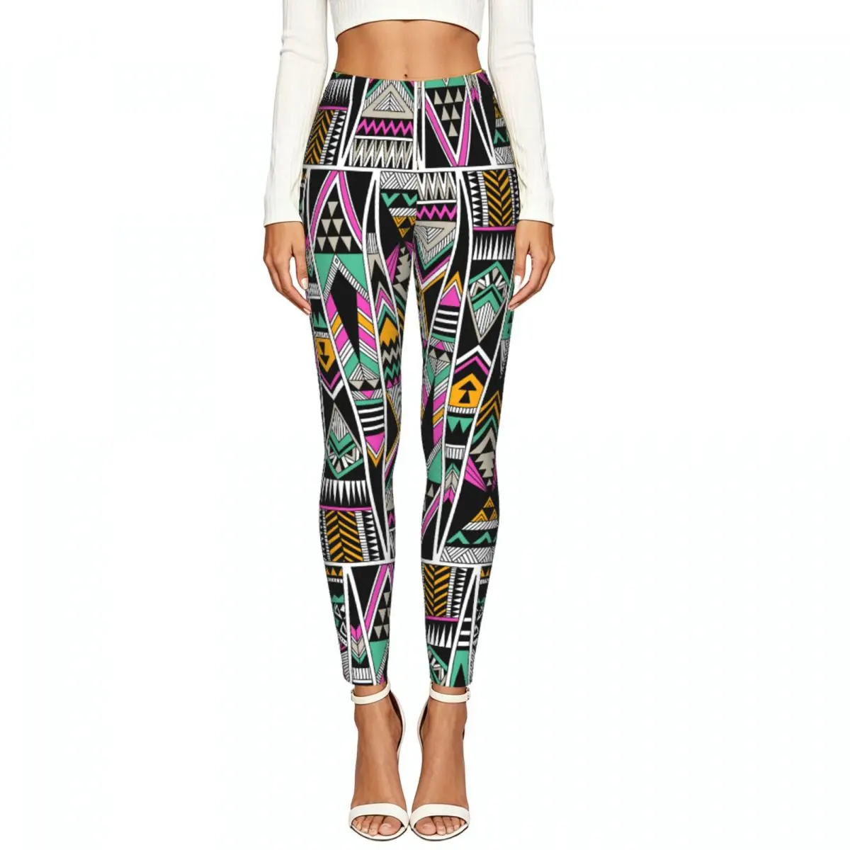 Casual Ladies Slim Leggings Ethnic Hipster 80s 90s Elastic High Waist Sports Daily Wear Trousers