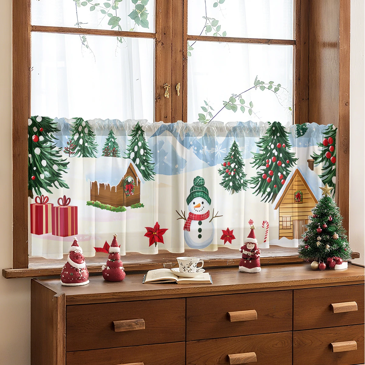 1Pc Holiday Decorative Curtain Sheer - Polyester Material, Rod Pocket Design, with Christmas Holiday Decoration Design, Suitable for Small Curtains in Kitchens, Cafes, Etc., Holiday Home Decoration, Christmas Decorations