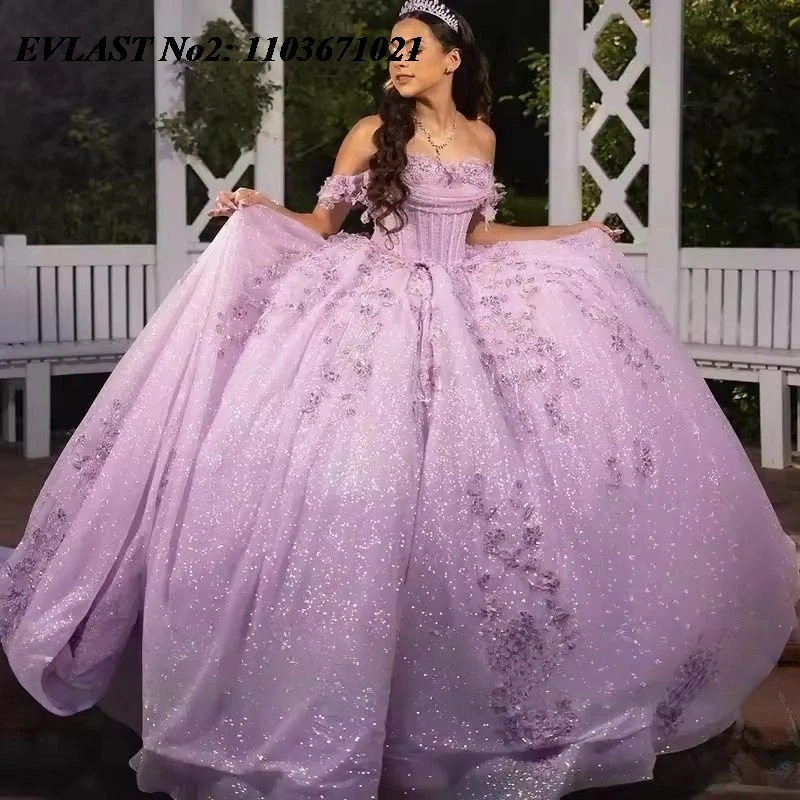

EVLAST индивидуальное мексиканское лавандовое платье Quinceanera, бальное платье с кружевной аппликацией и бантом из бисера, милое платье 16, Vestidos De 15 Anos E2QA67