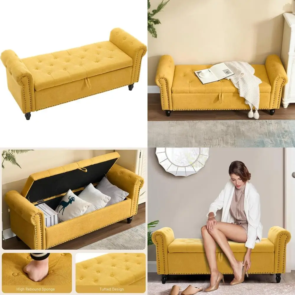 Duża tapicerowana ławka z pojemnikiem i wykończeniem z guzikami do sypialni i przestrzeni przy oknie.