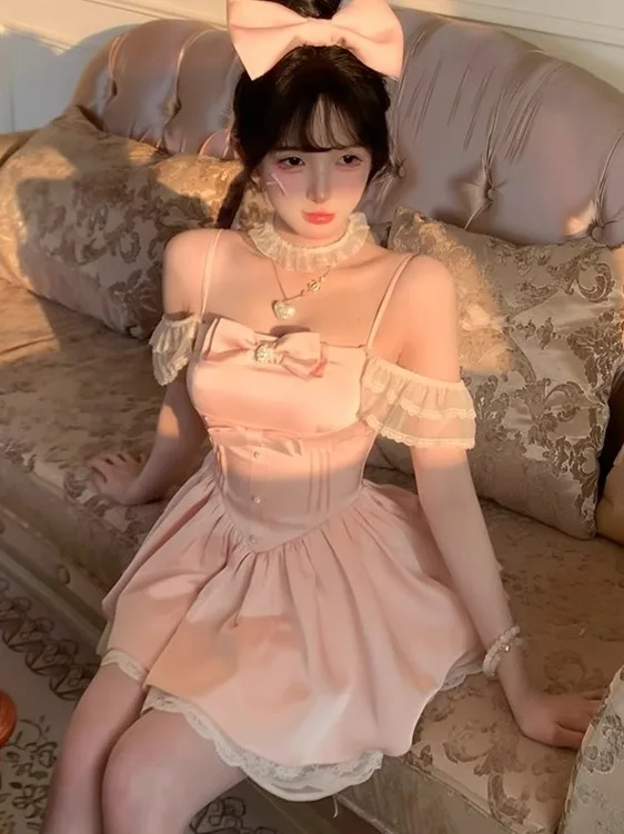 バレエスリーブ ピンクレース パフスリーブ付き ドレス レディース 夏用 ウエスト絞り プリンセススカート ギャザー蝶柄