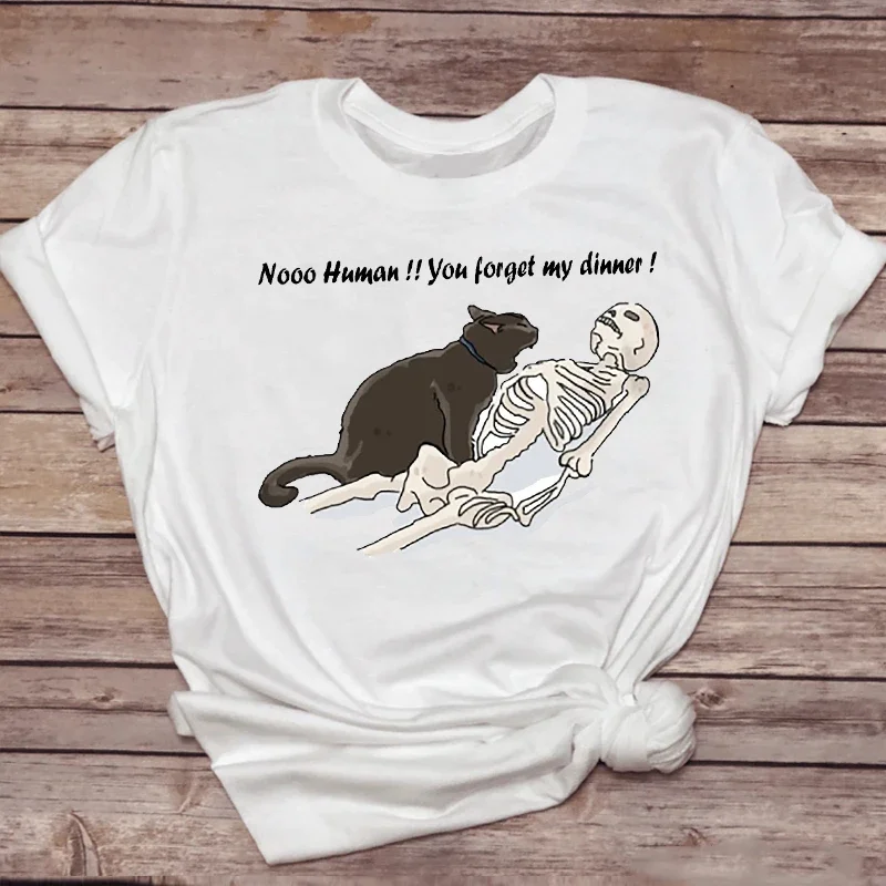 Image of Frauen T-shirts Katze Lustige Schädel Haustier Nette Mode Trend 90er Jahre Tier Top Dame T-shirt Süße Damen Drucken Stilvolle T-shirt
