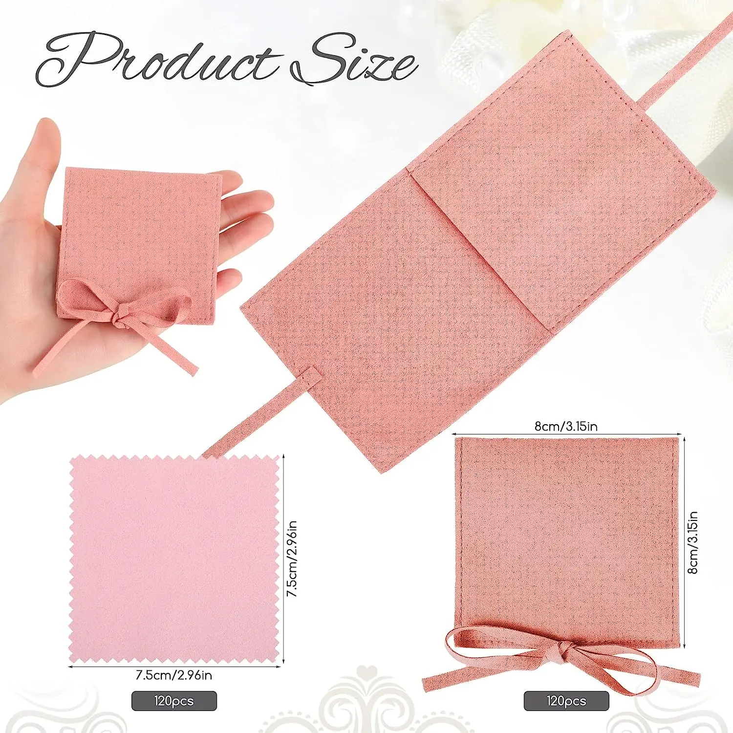 120 Pcs Microfiber Jewelry Pouch 8x8cm Jewelry Packaging Bag Luxury Gift Fixed Strap Envelope Packaging with Cleaning Cloth